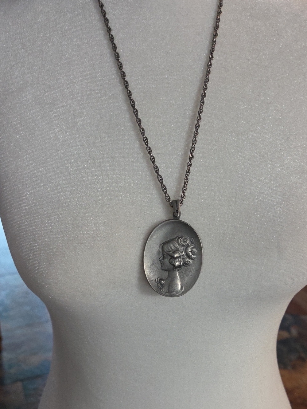 Vintage Pewter Cameo Pendant Necklace